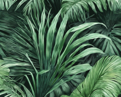 A botanical illustration of tropical palm leaves, with detailed textures and vibrant green hues.